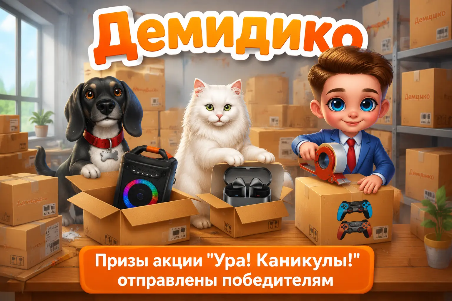 Мальчик, собака и кот запаковывают призы для отправке победителям