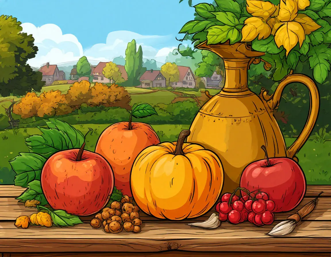 овощи, фрукты, кувшин на столе на фоне природы