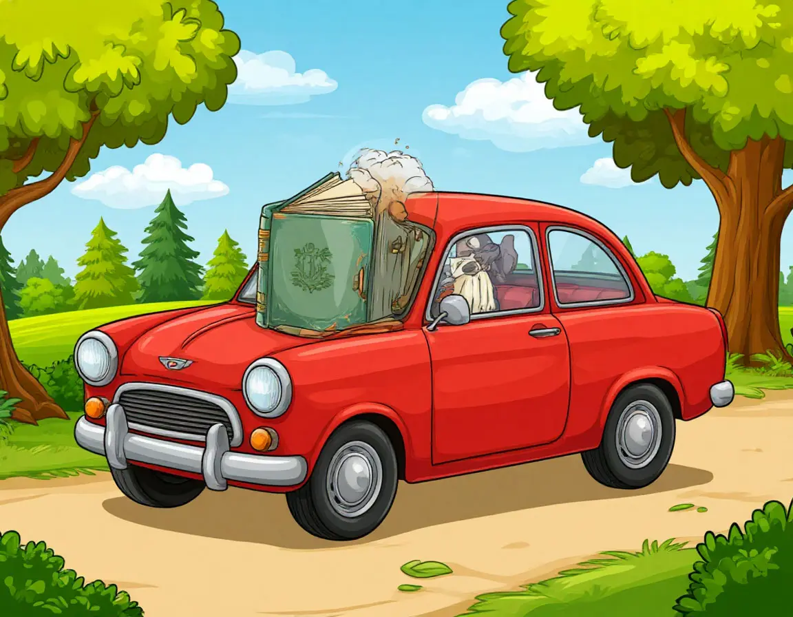 книга на красном автомобиле на проселочной дороге в поле