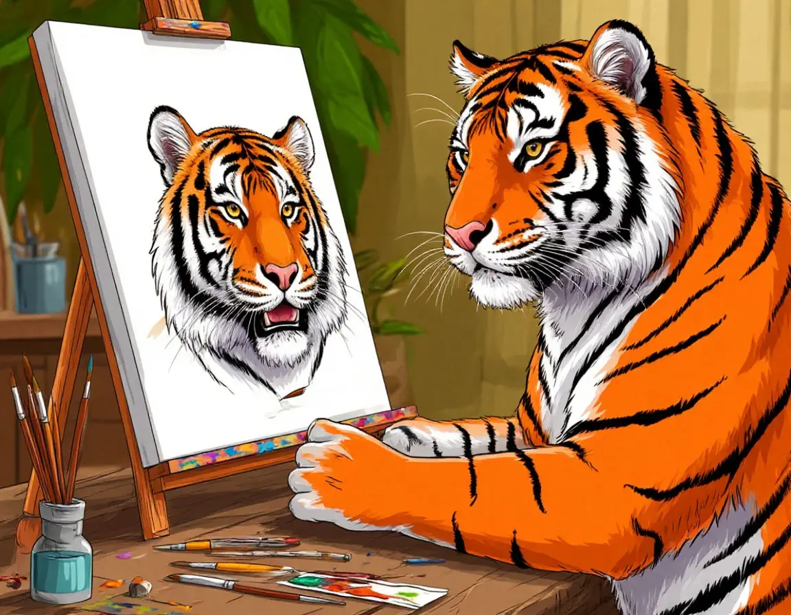 тигр смотрит на свой портрет