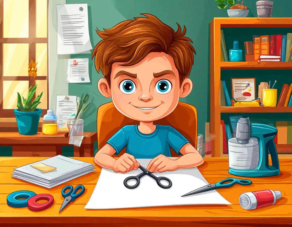мальчик вырезает и клеит
