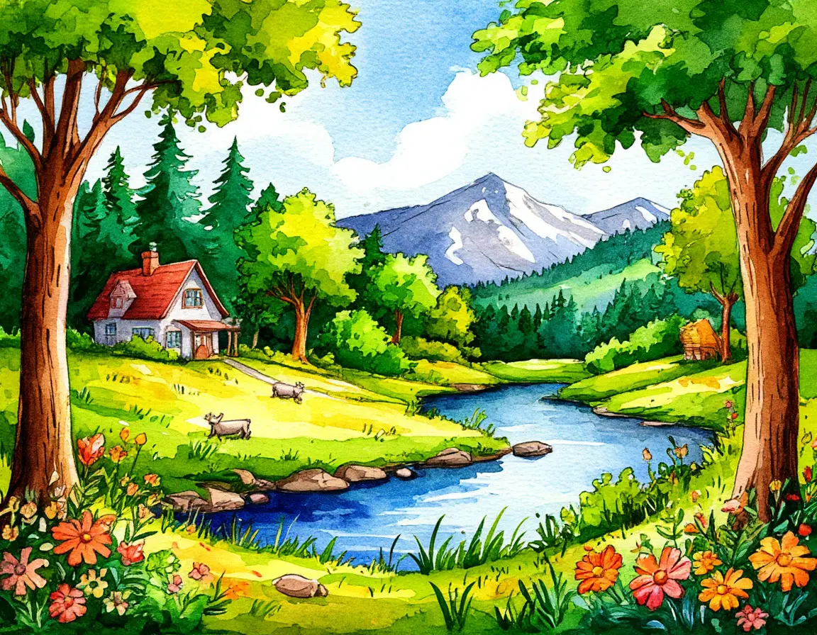 картина озеро, горы, деревья, дом