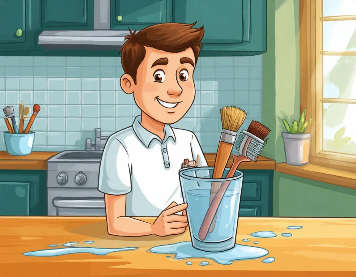 человек моет кисточки в стакане