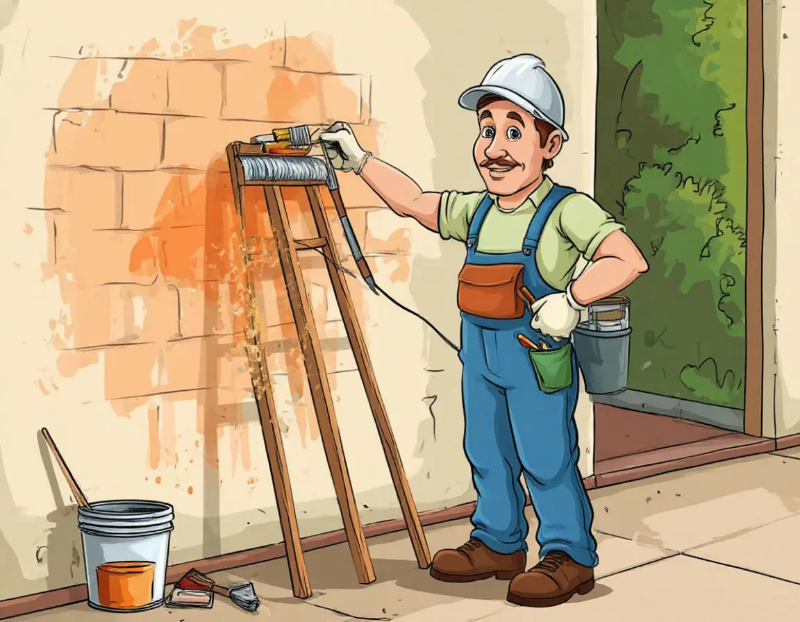маляр красит стену