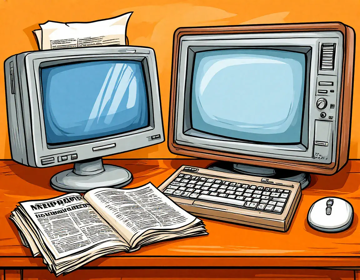 два монитора, газета, клавиатура на столе