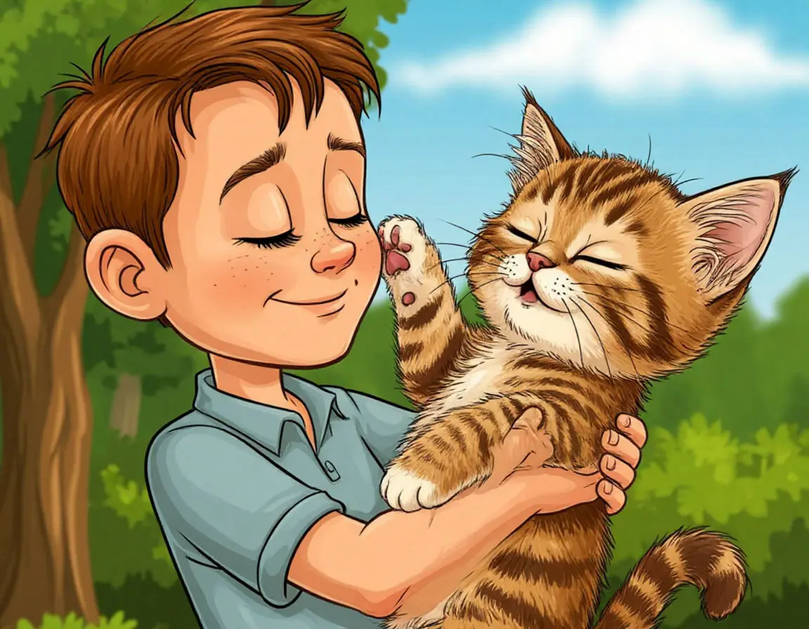 мальчик с закрытыми глазами взял котенка на руки