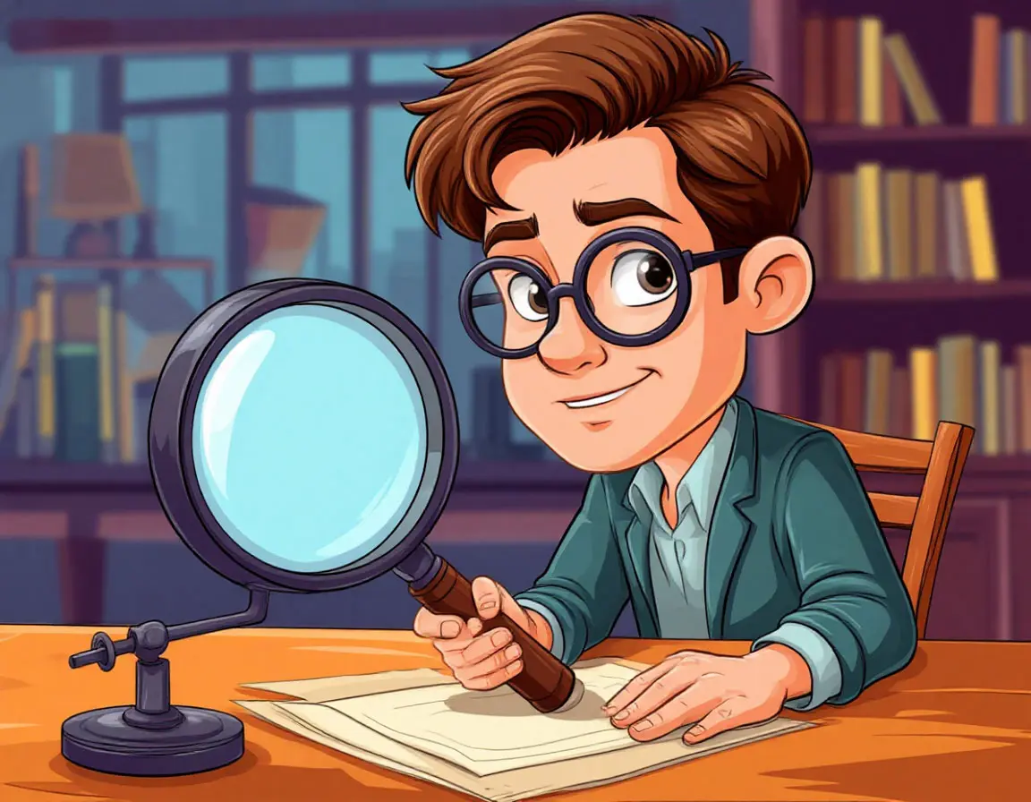 мальчик в очках с лупой ищет нужную информацию