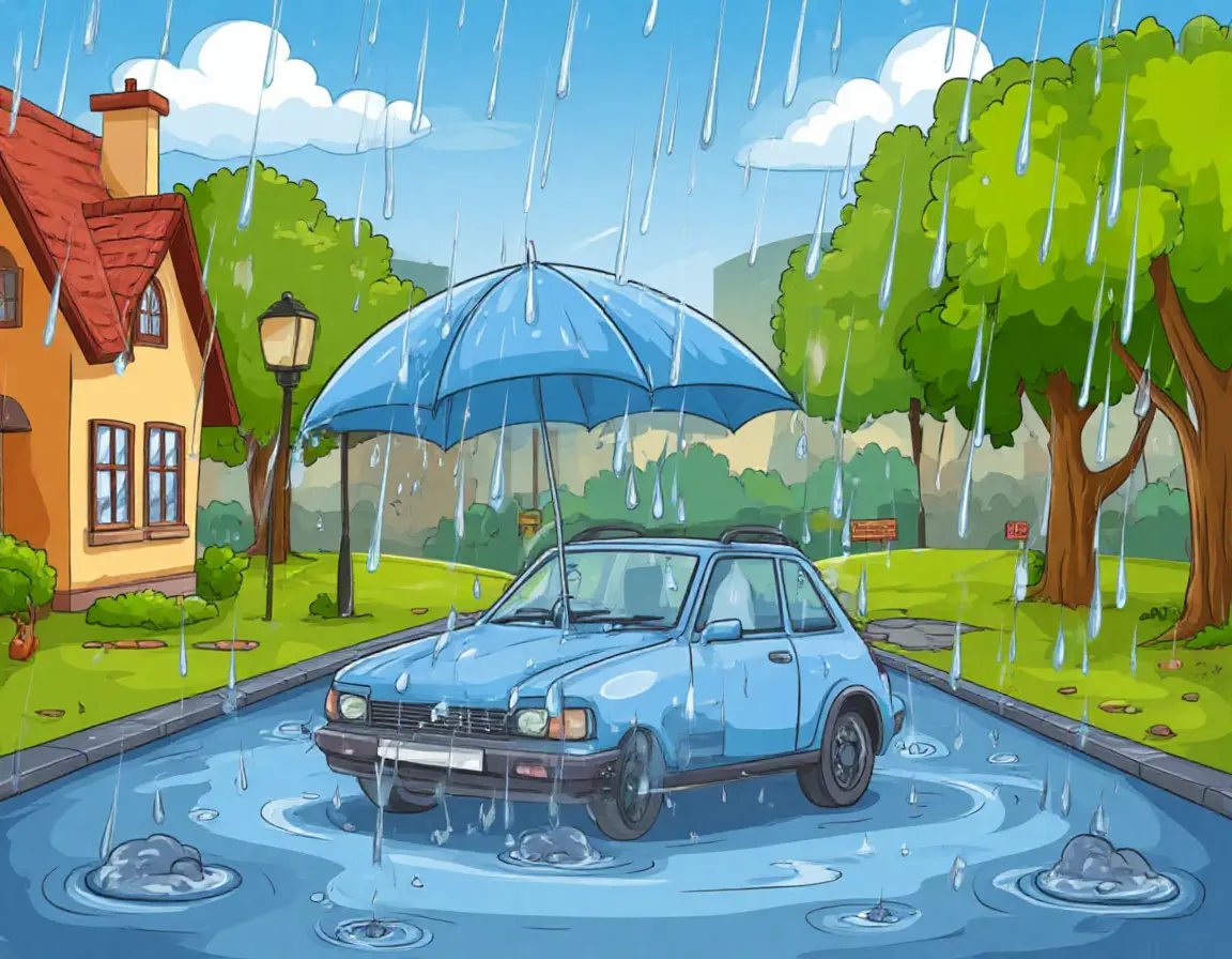 синяя машина в луже под зонтом в дождь на улице города