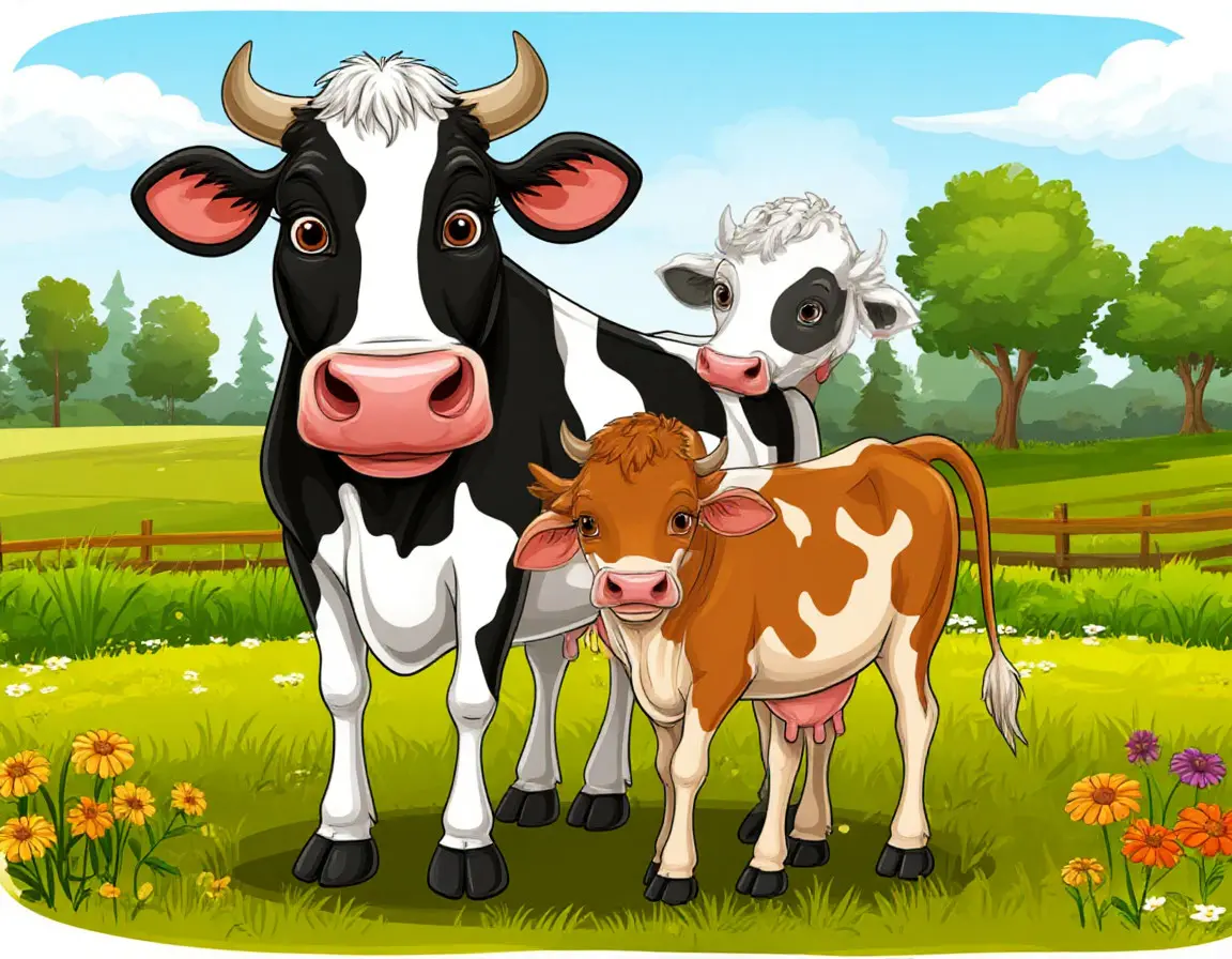 корова с телятами пасётся на лугу