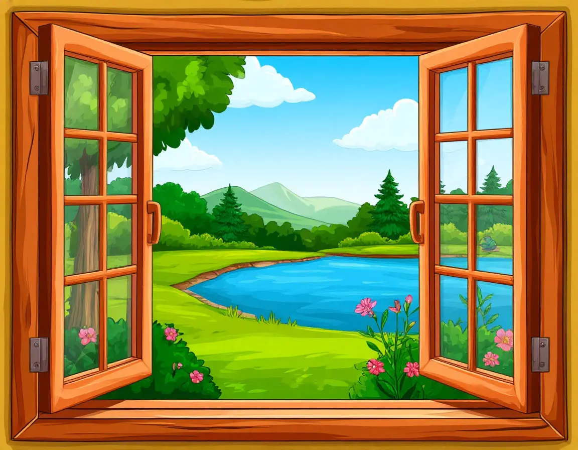 озеро, поляна с деревом - вид из окна