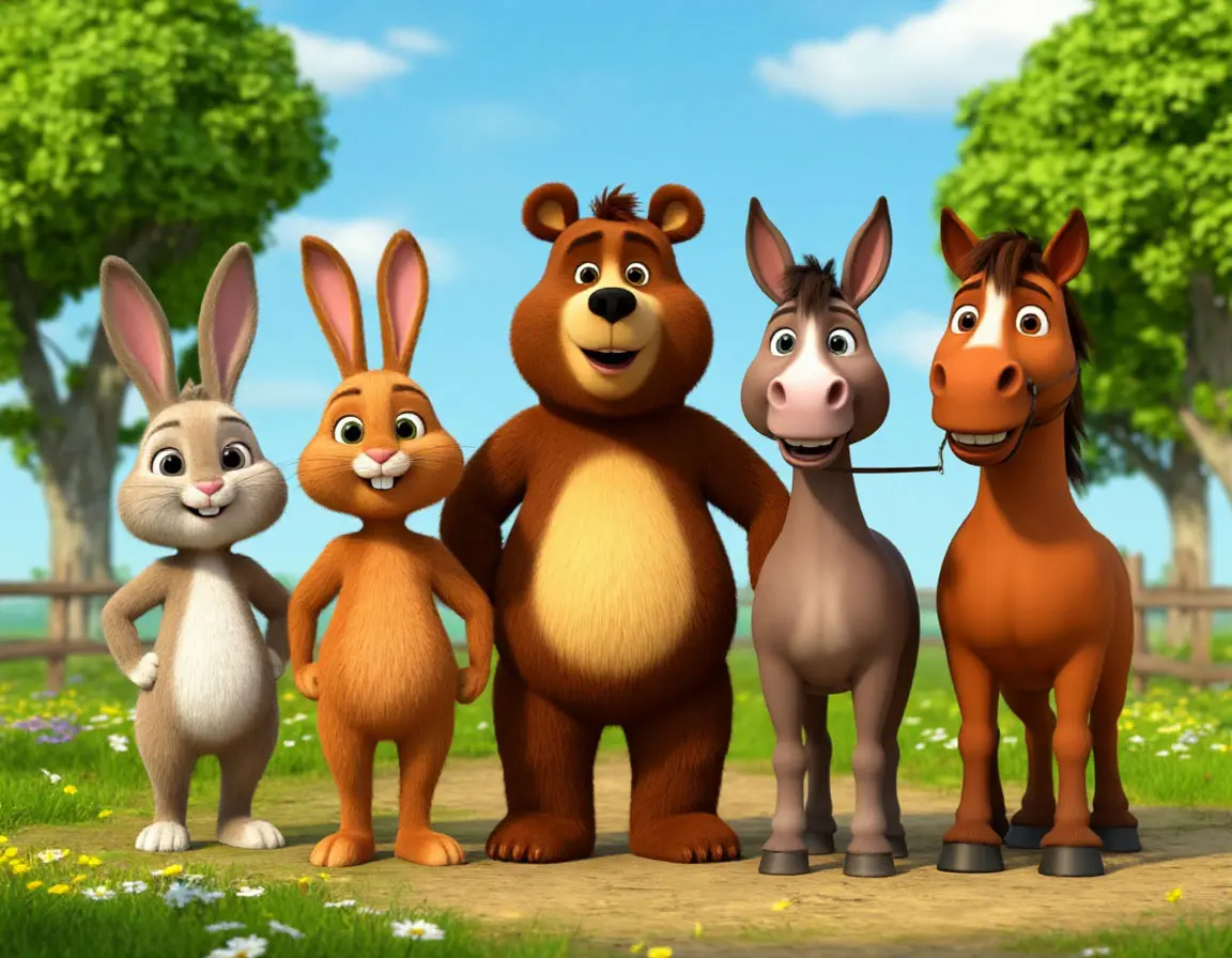 два зайца, медведь, два осла