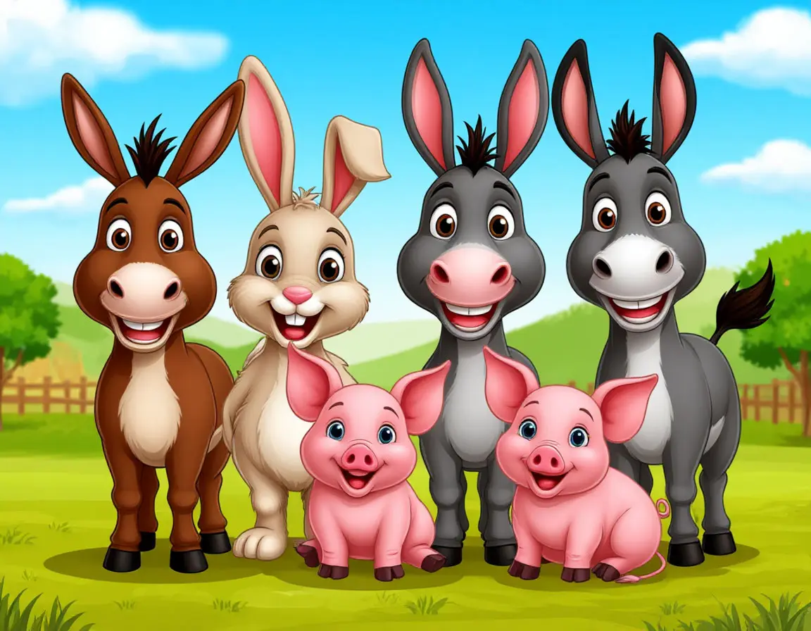 три осла, заяц и два поросёнка