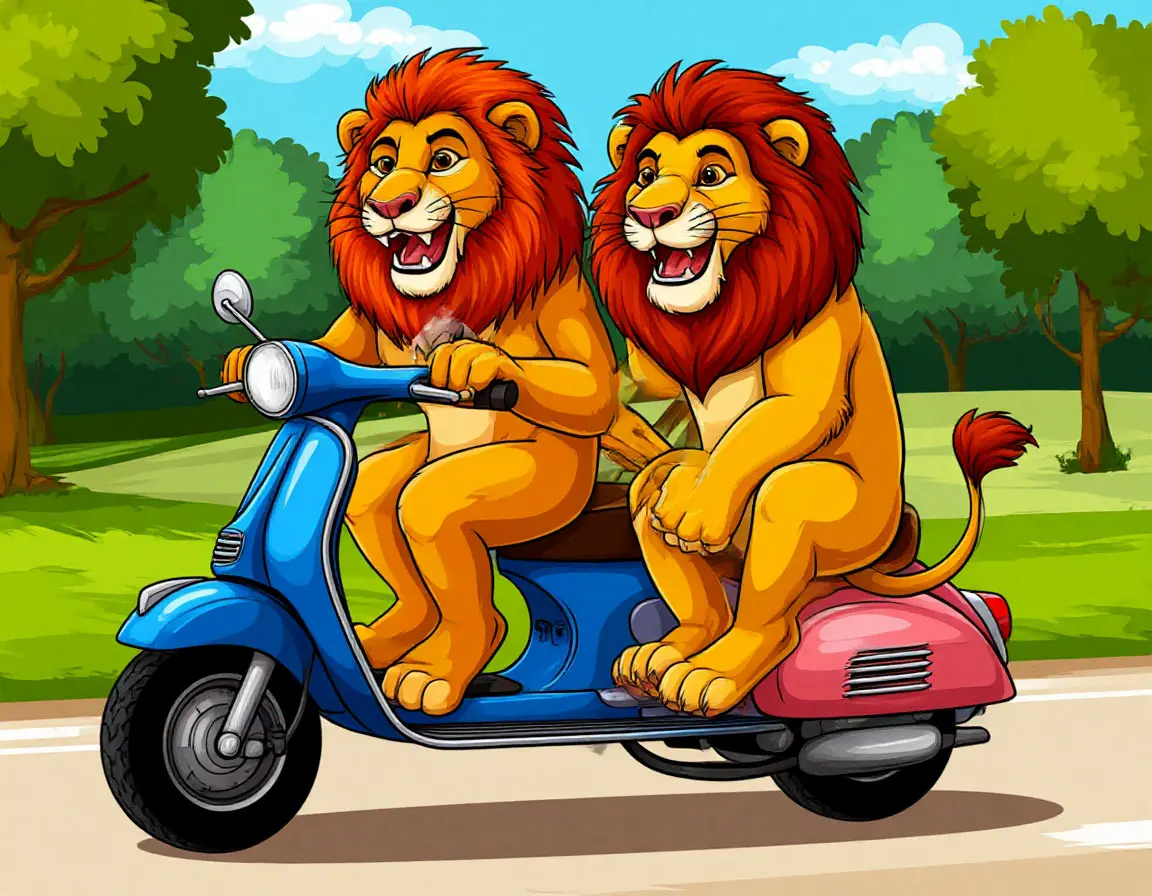 два льва едут на мотороллере