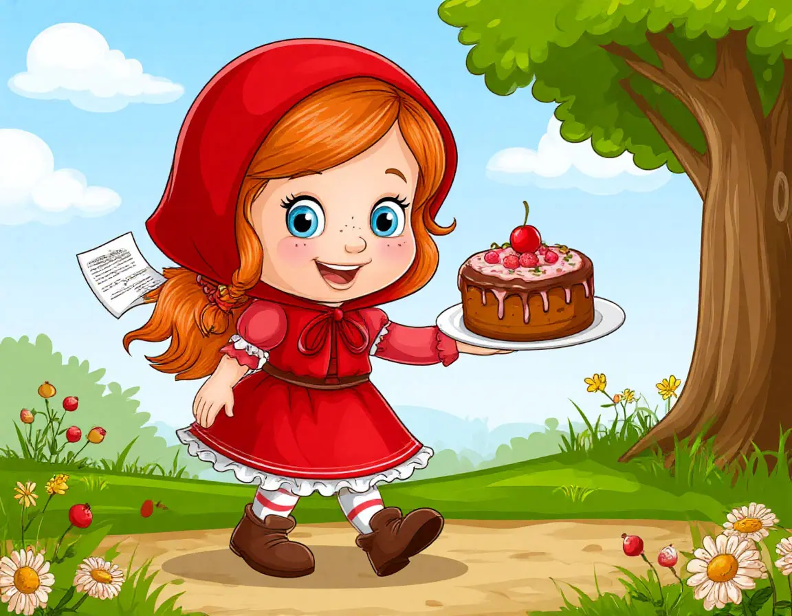 красная шапочка с тортом и письмом идет по тропинке