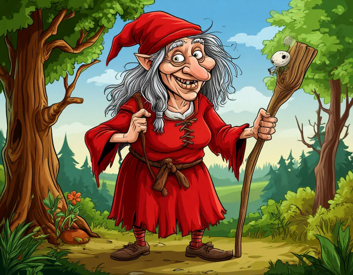 баба-яга в лесу в красном платье
