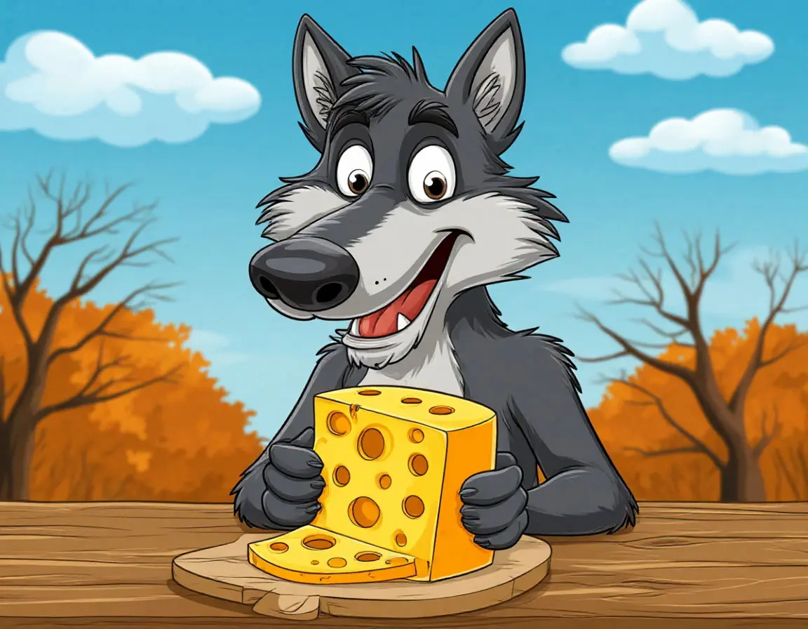 волк обедает куском сыра