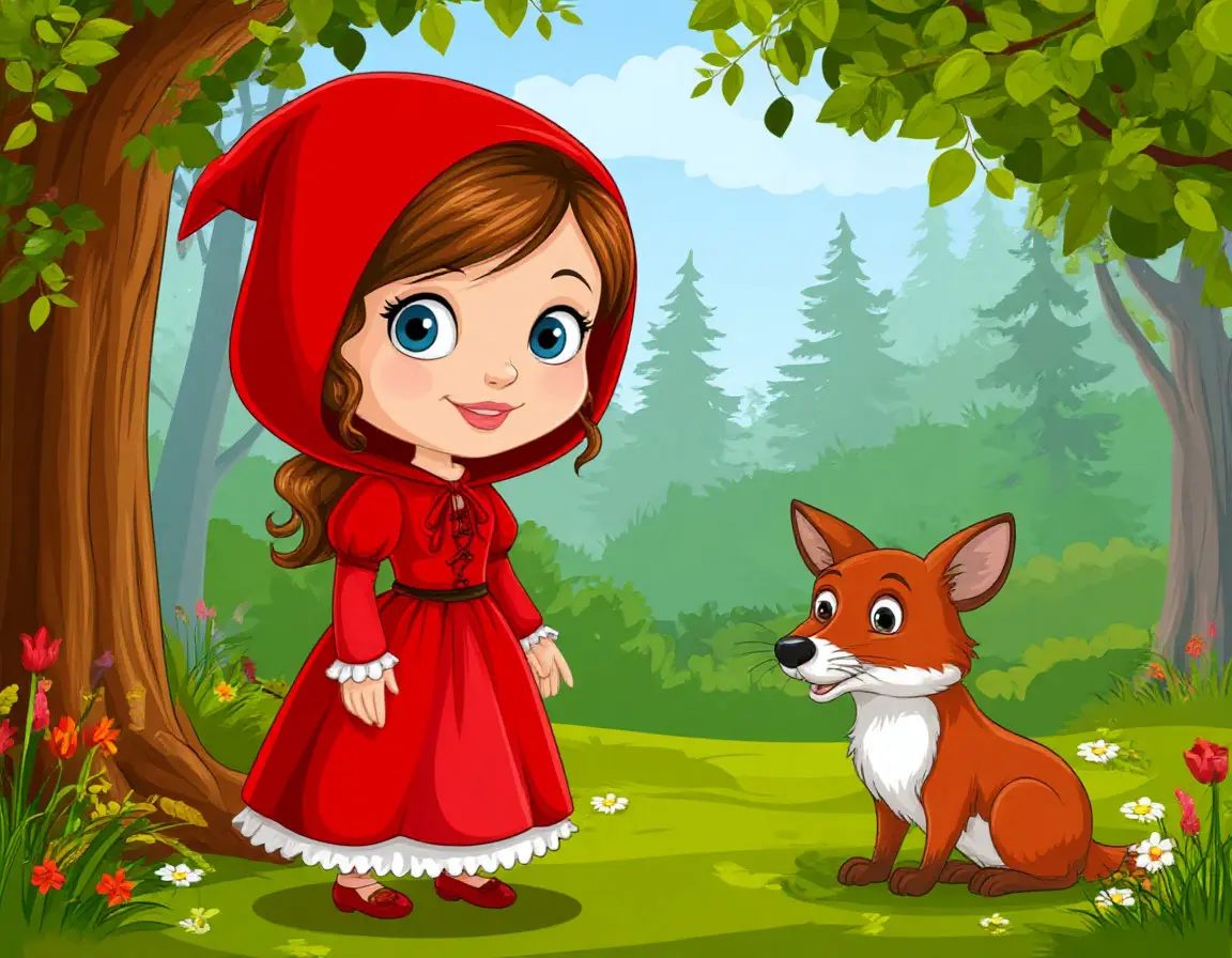 девочка в красной шапочке встретила лису в лесу