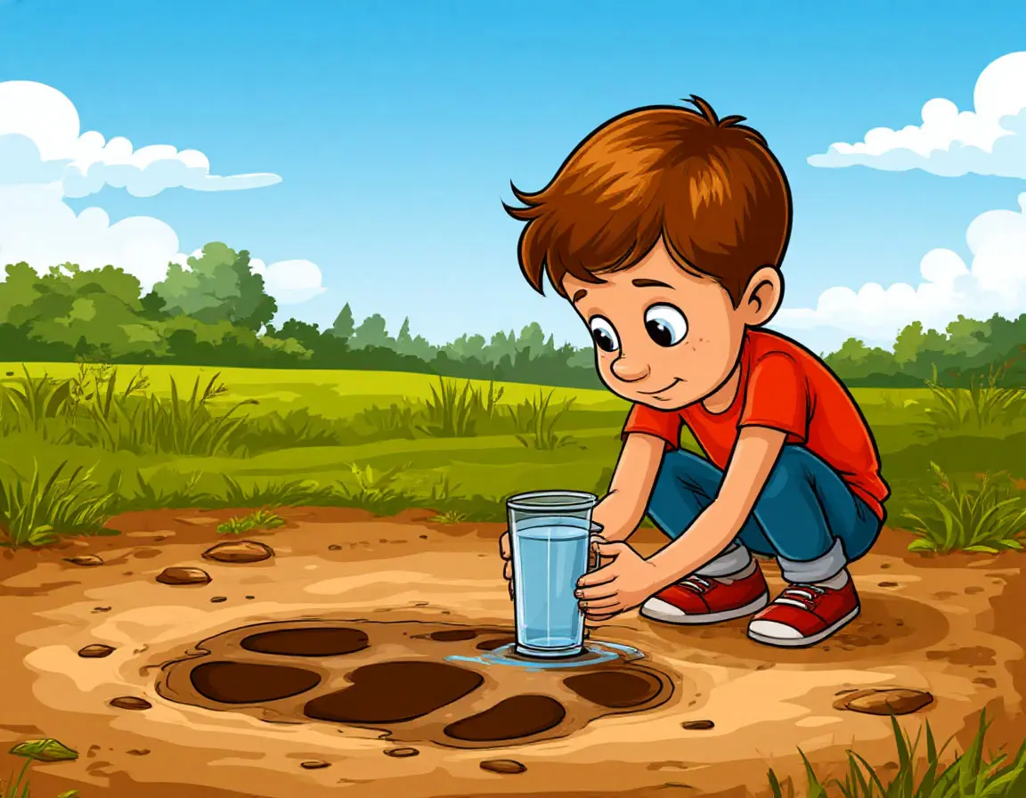мальчик пьет воду из лужи