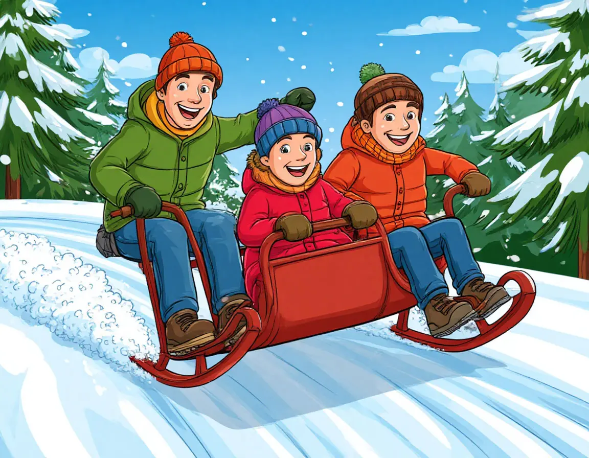 дети зимой катаются с горки