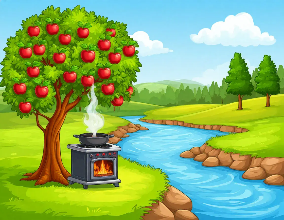 яблонька и печка на берегу реки