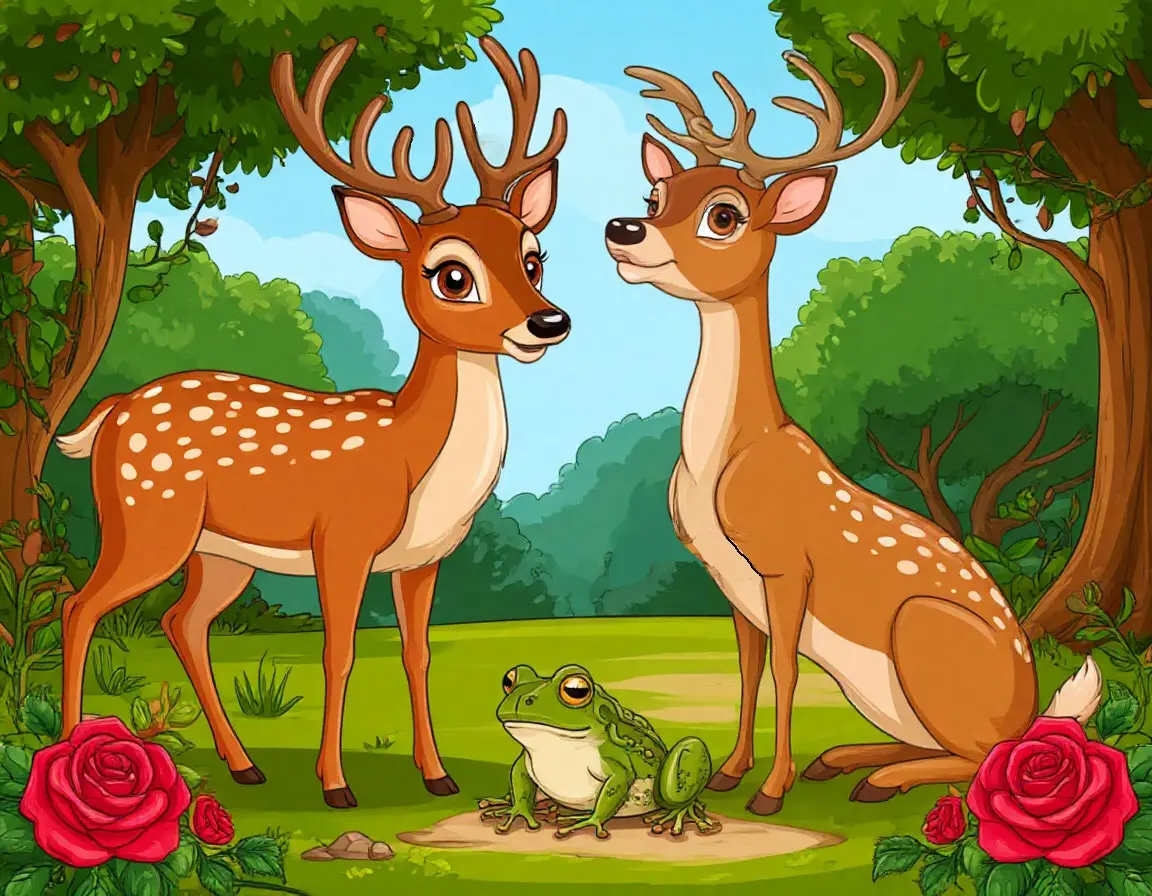 два оленя, жаба и розы в лесу