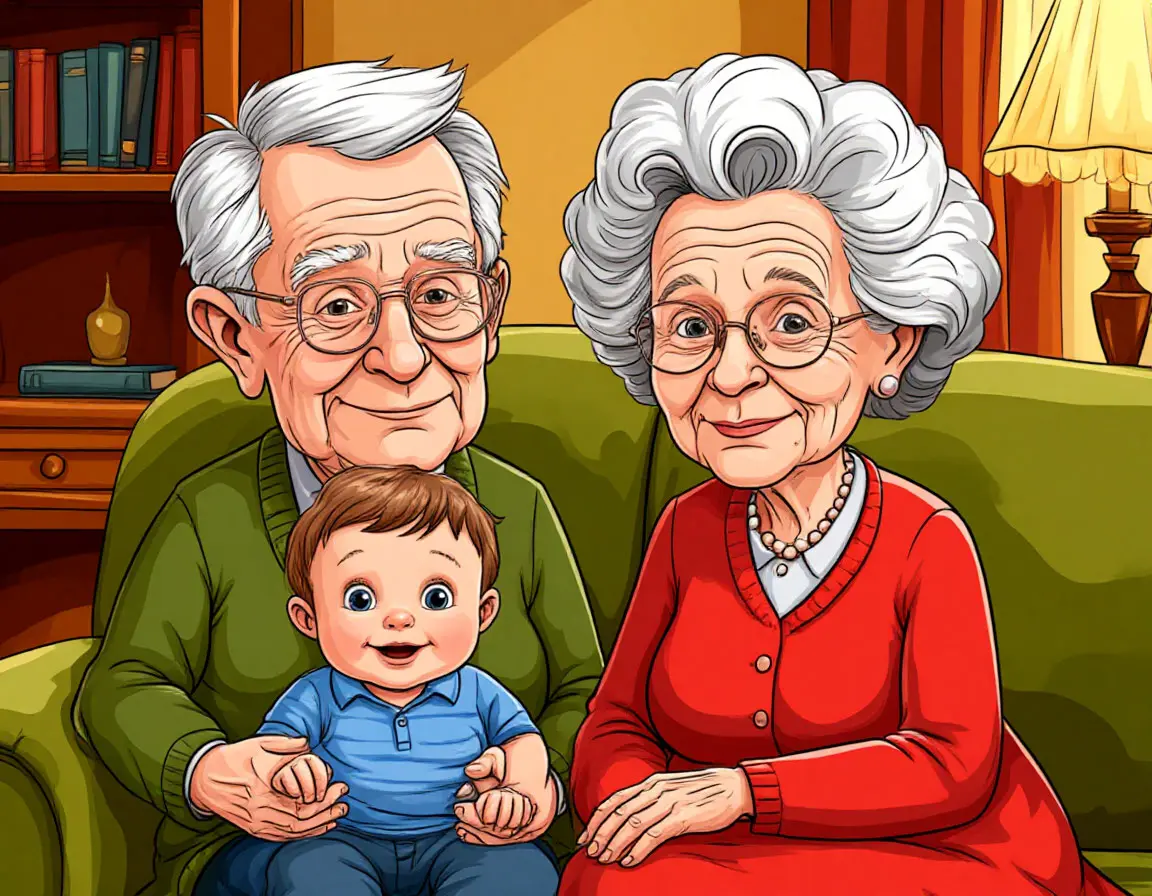 бабушка и дедушка с внуком на диване