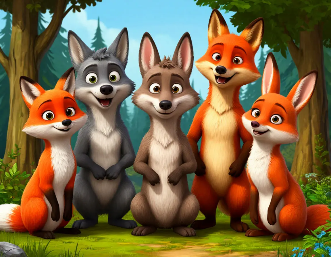 лесные звери. волки, лисы