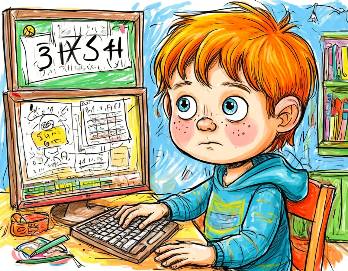 Мальчик у компьютера думает