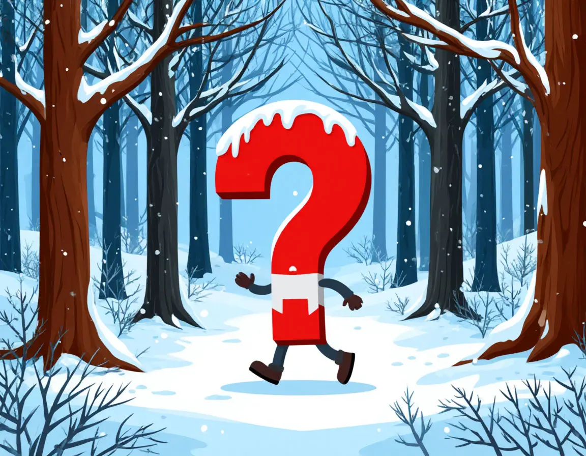 красный знак вопроса бегает по заснеженному лесу