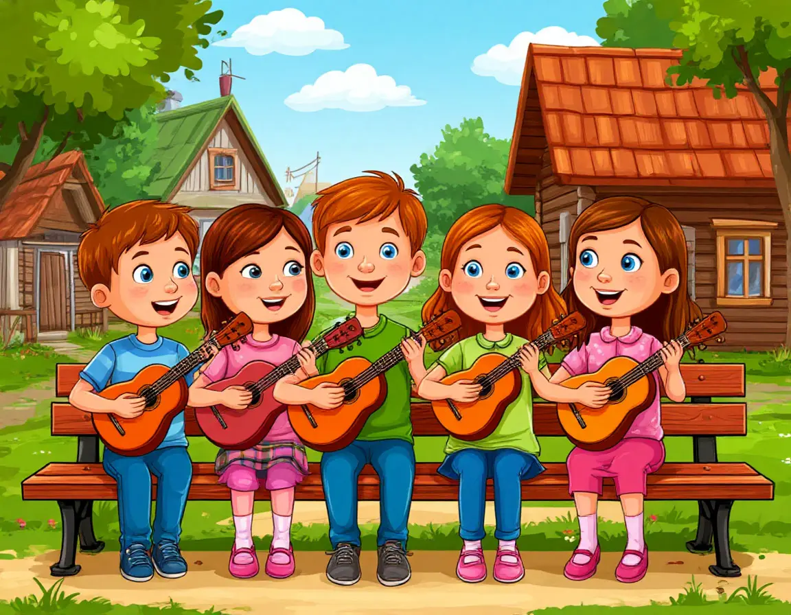 ребята на лавочке играют на музыкальных инструментах