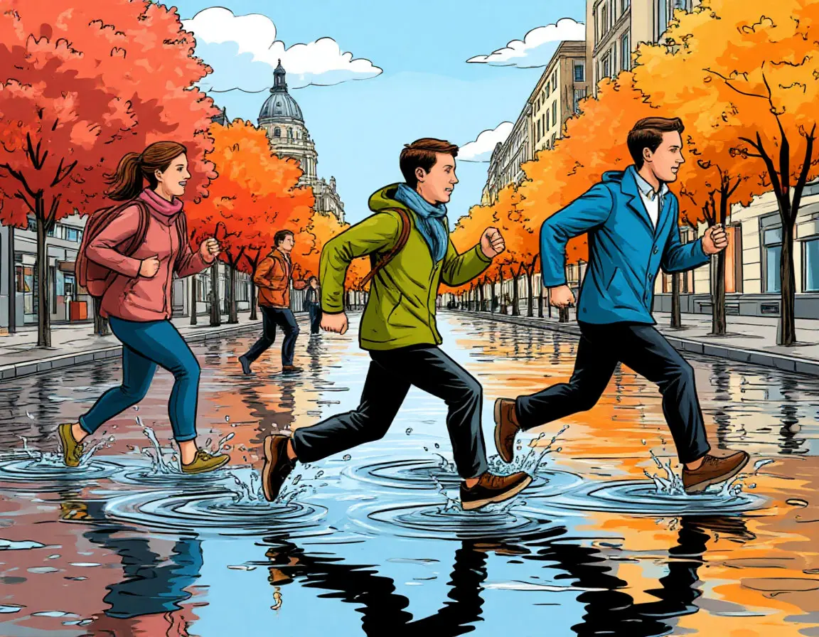 пешеходы бегут по лужам