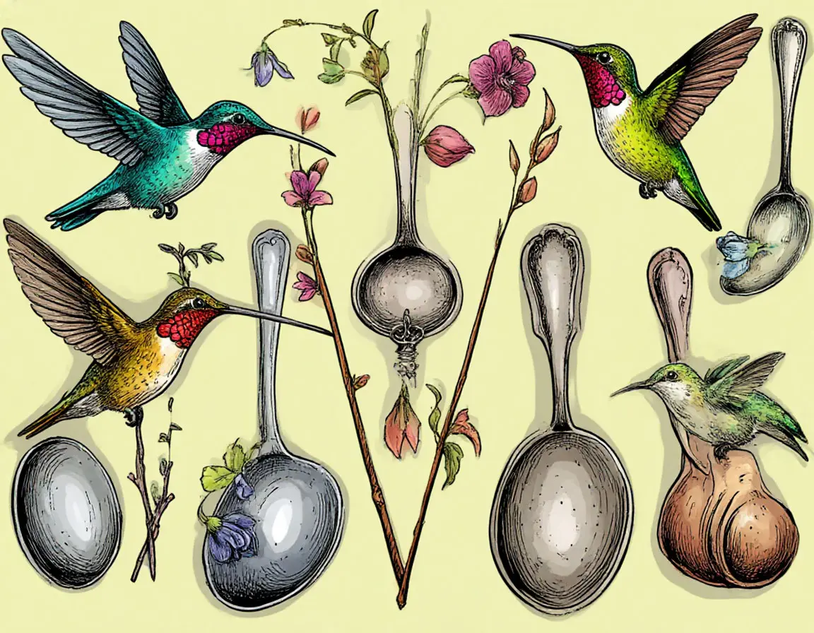 ложки, треугольники из цветов, колибри