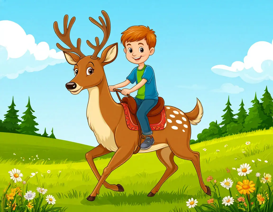 мальчик на олене скачет по полю