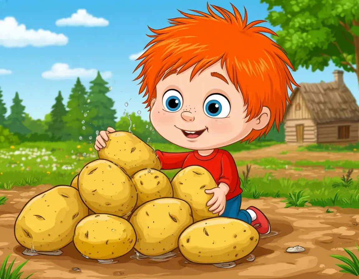 рыжий мальчик сортирует картофель