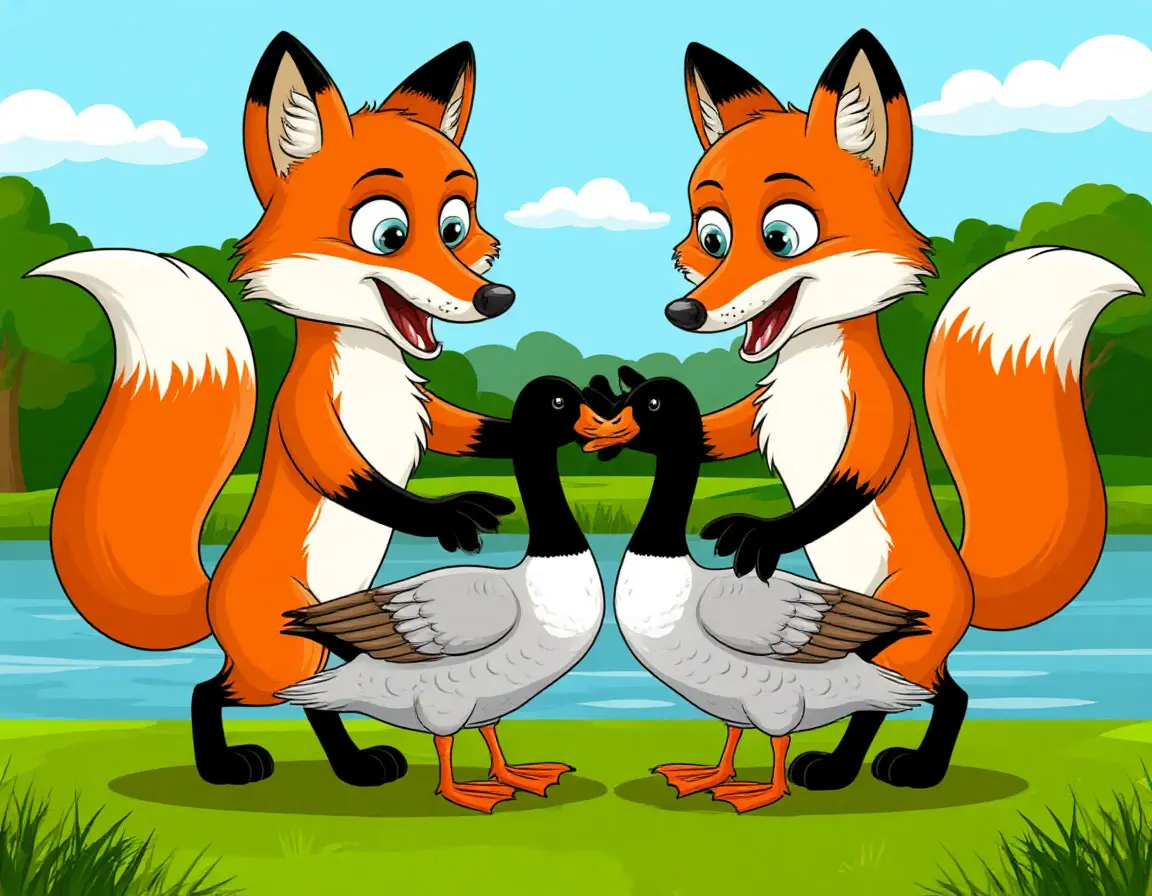 два лисенка воруют двух гусят