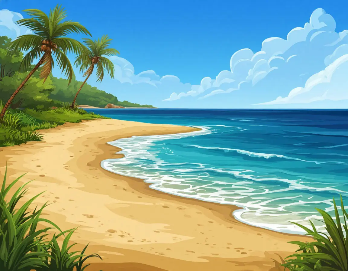 песчаный берег южного моря, пальмы