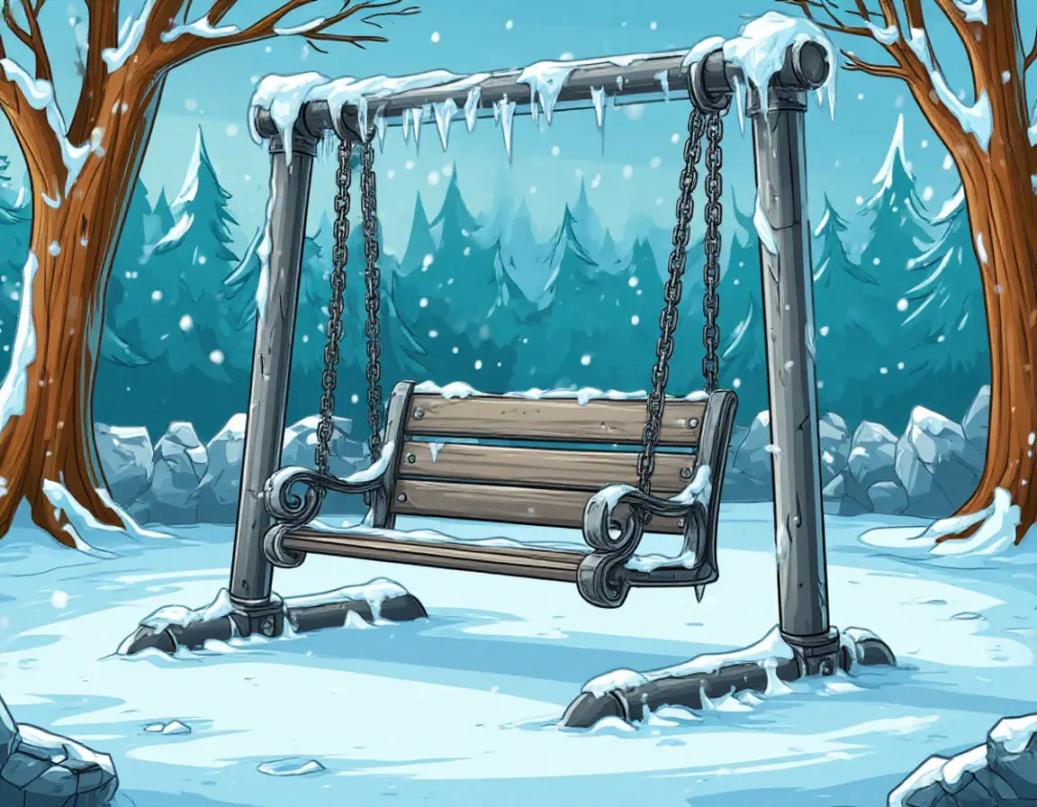 обледенелые качели зимой на улице