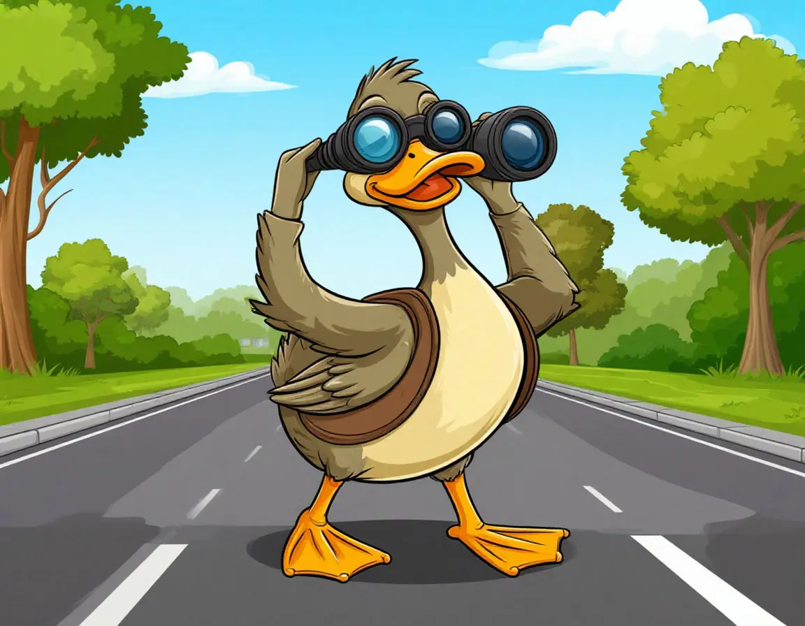 гусь с биноклем переходит дорогу