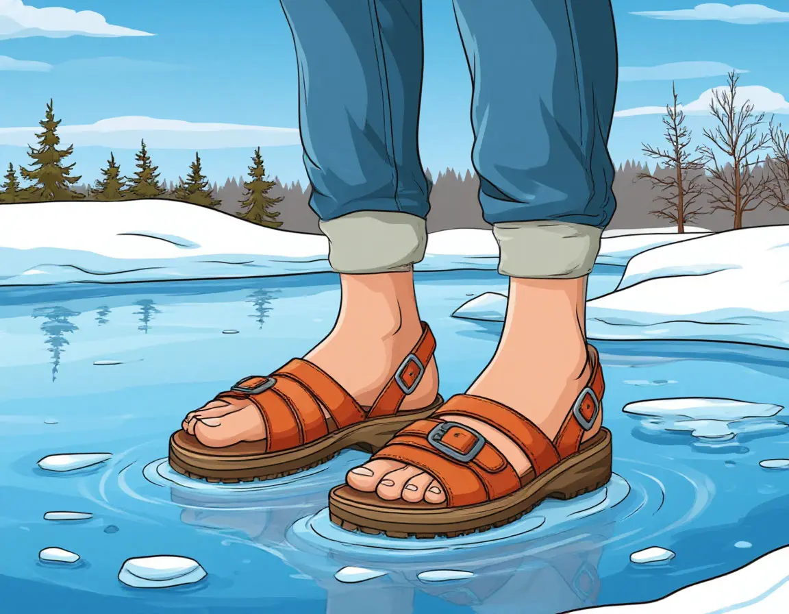 ноги в сандалиях на льду