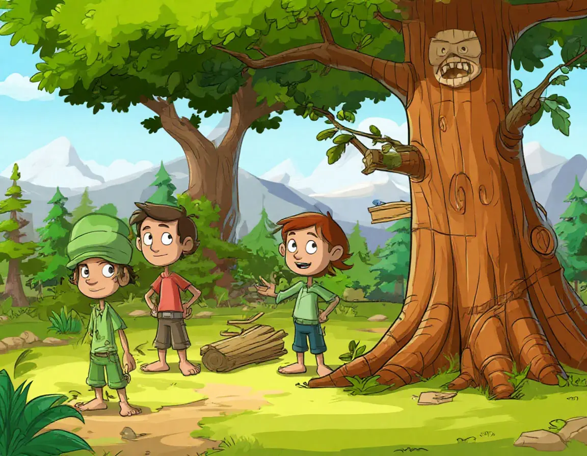 ребята играют на полянке между деревьями