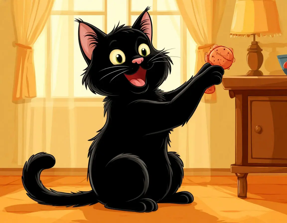 Большой чёрный кот играет
