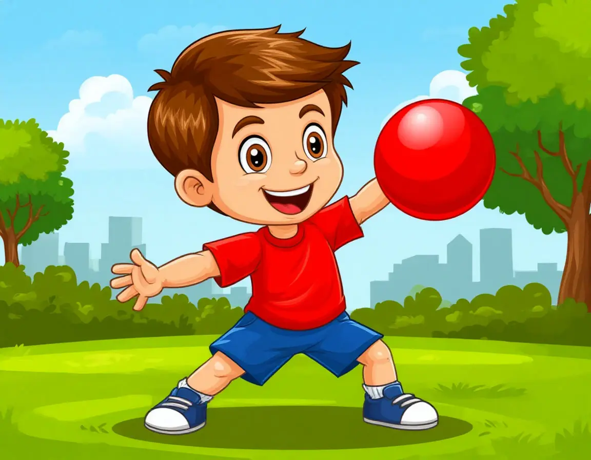 Сильный мальчик играет красным мячиком