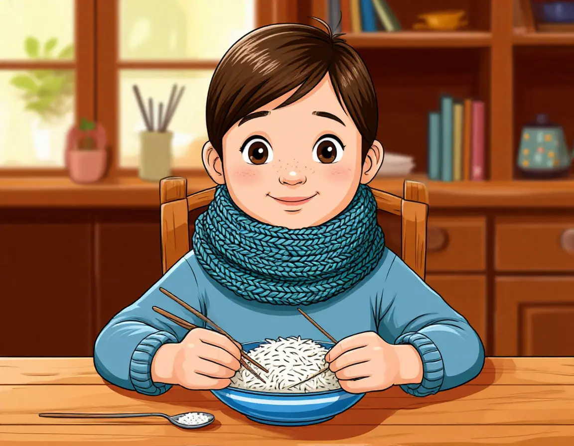 мальчик ест рис шарф