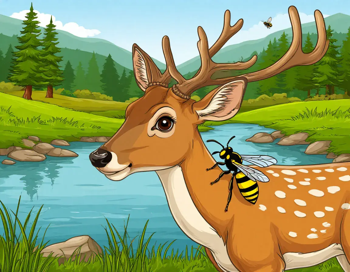 оса на шее у оленя возле реки