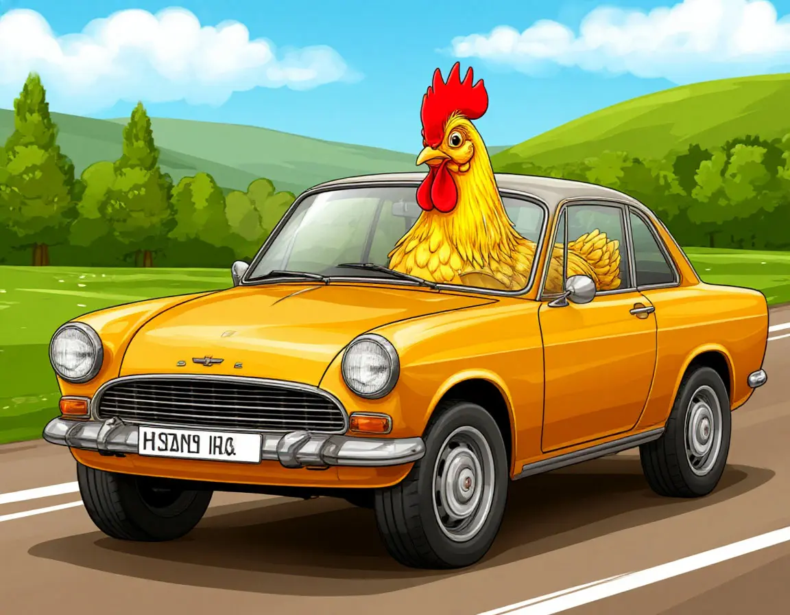 золотая курица едет на машине