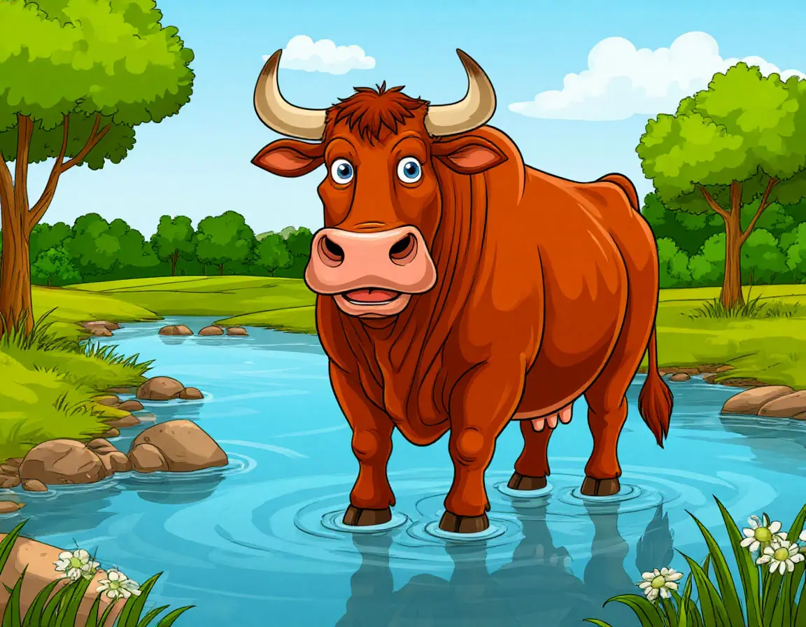 бык стоит в реке