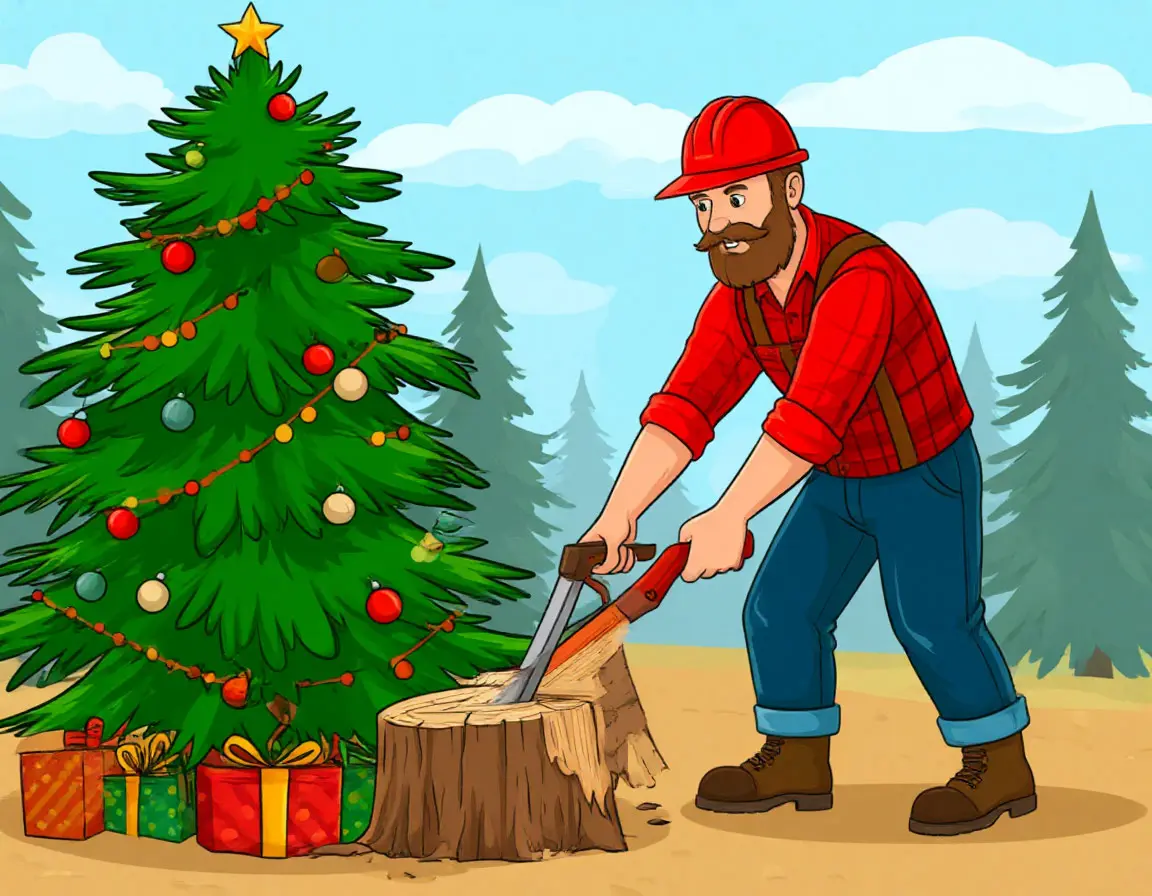 лесоруб рубит елку