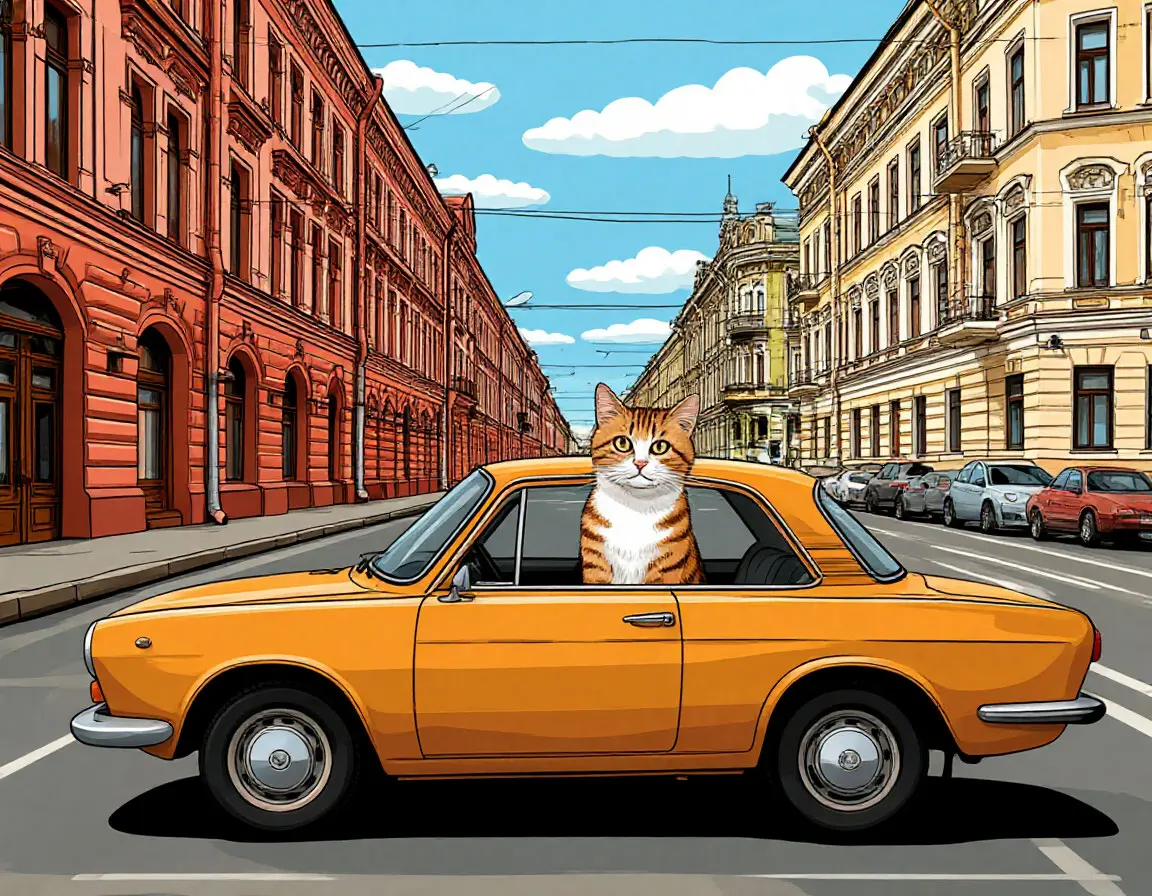 кот в машине на улице города