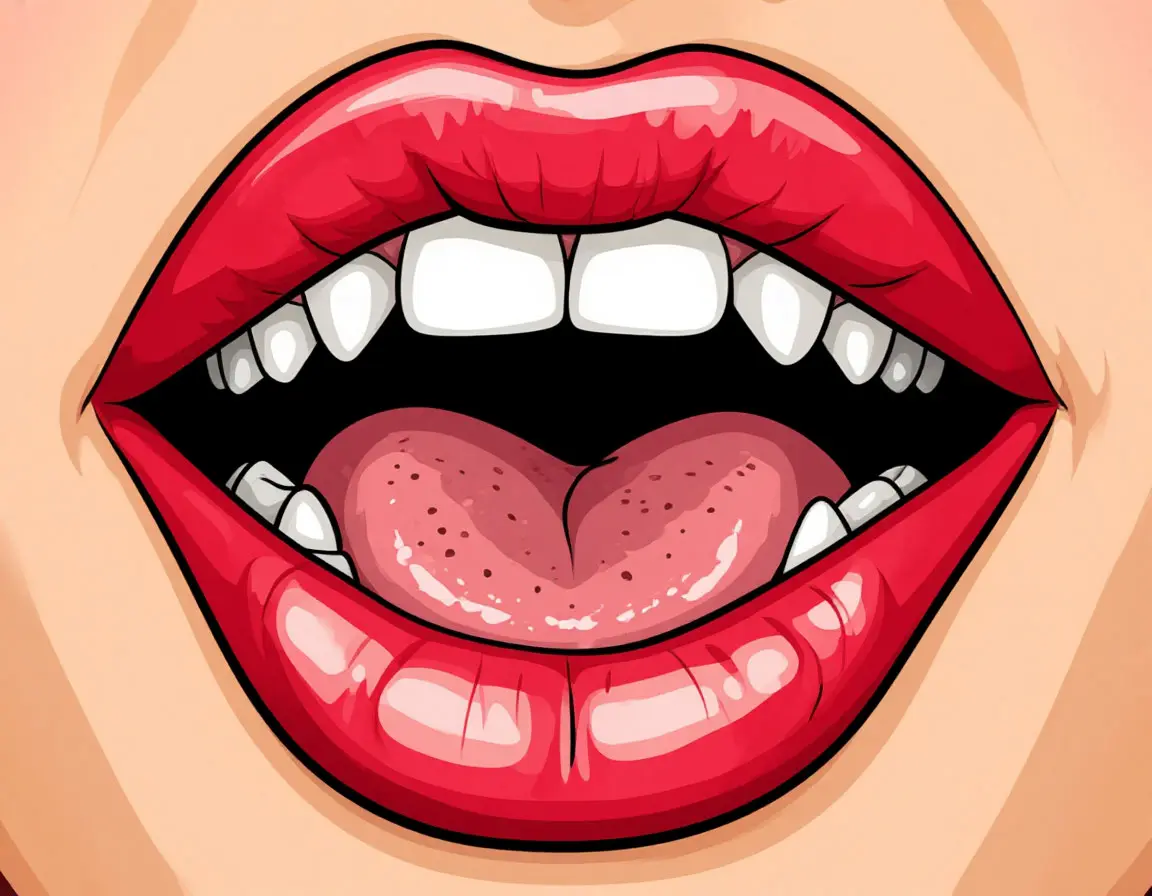 рот, зубы, язык, губы накрашены красной помадой