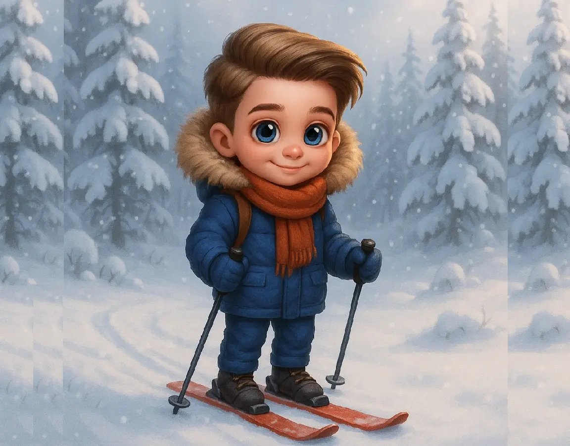 Демид на лыжах в лесу